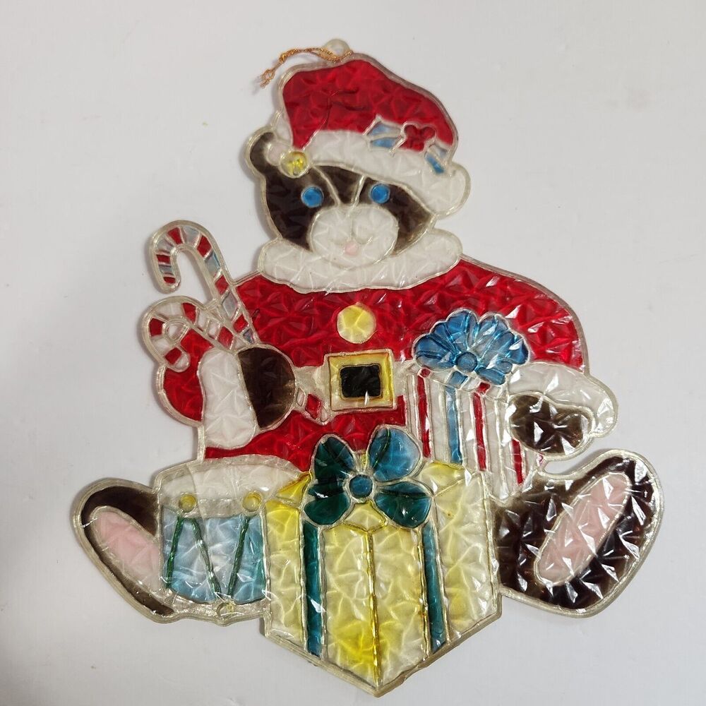 Vintage Giftco Christmas Teddy Bear Plastic Stained Glass Suncatcher
